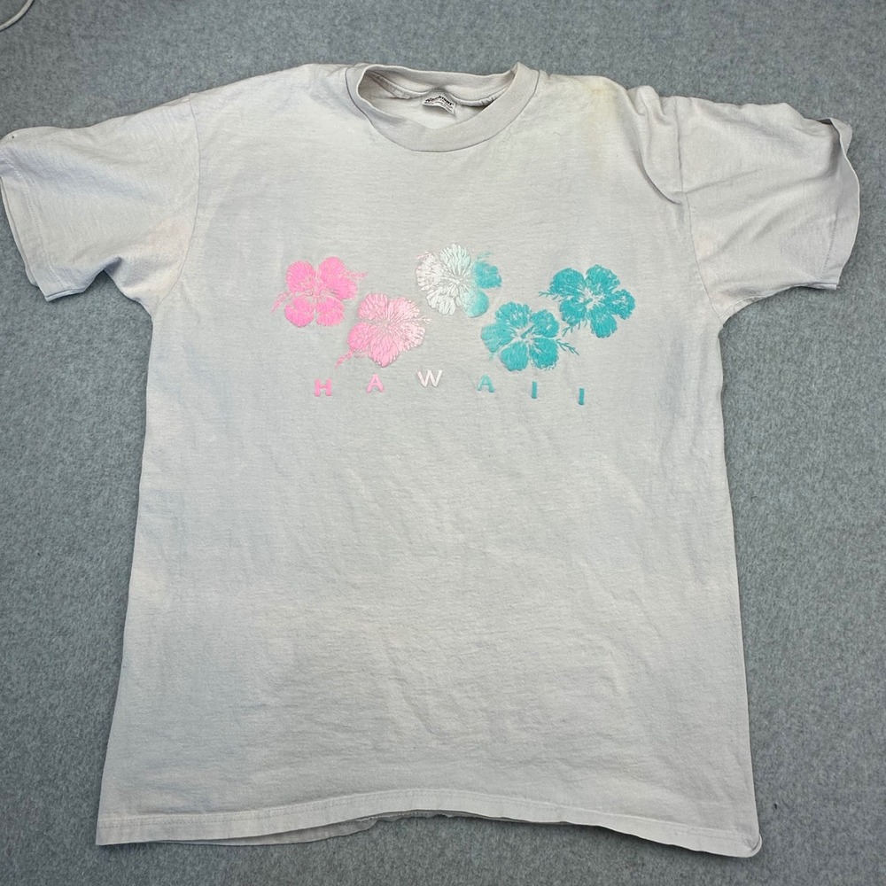 Vintage 80s Stedman Hawaii Hibiscus T Shirt Single Stitch White Large USA Made